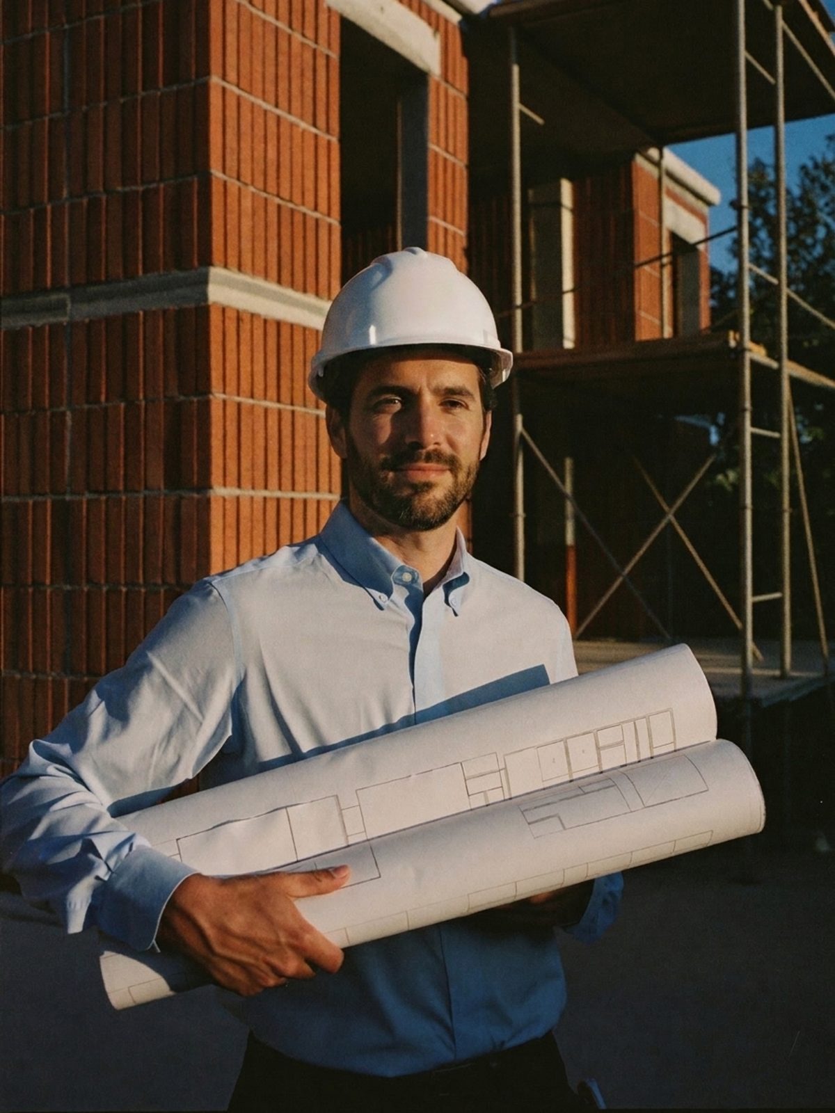 Arquitecto en obra con planos